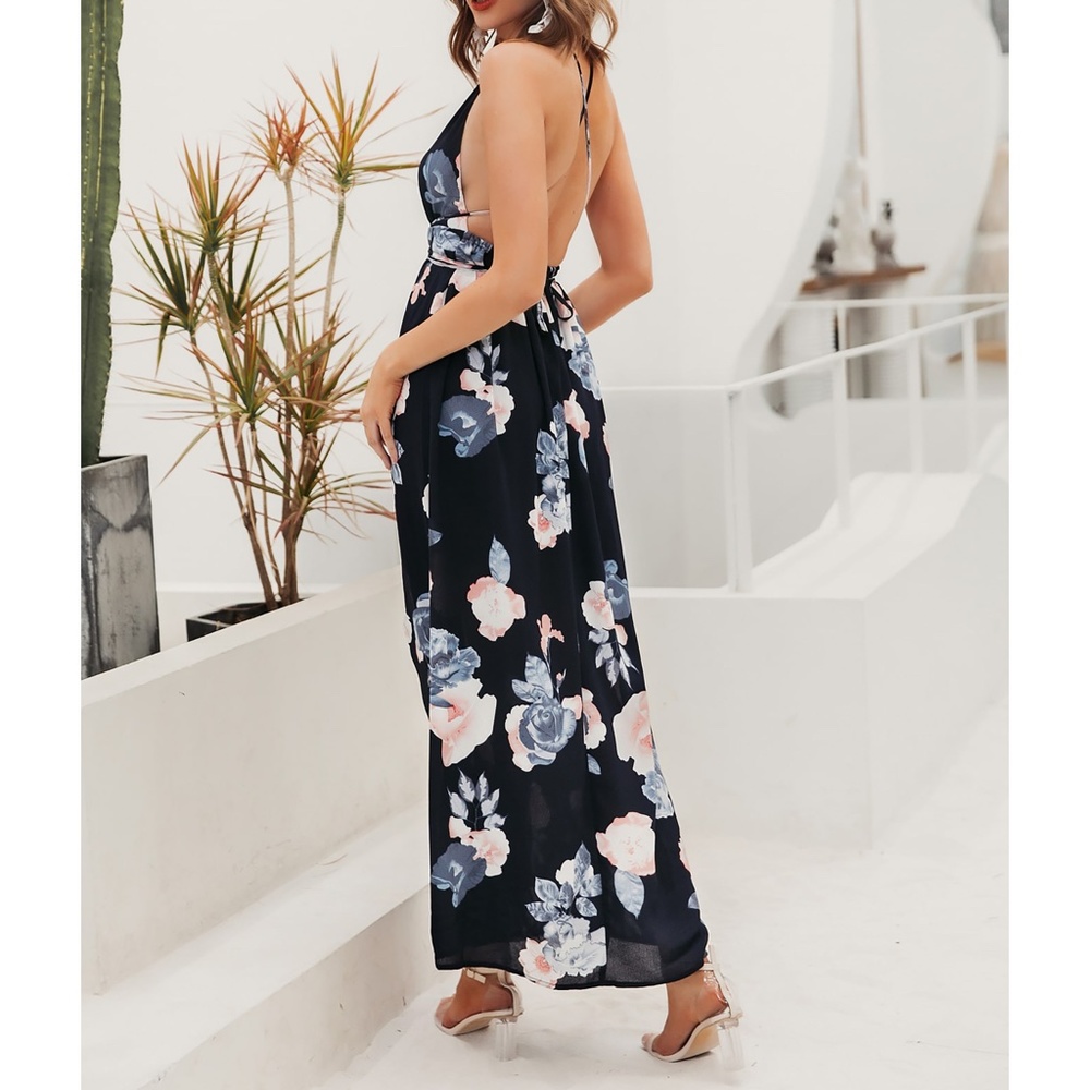 Navy Blue Floral Backless Lace Up Wrap Maxi Dress - Picture 5 of 11